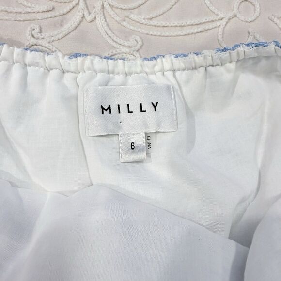 Milly Evelyn Tiered Eyelet Mini Dress Blue Floral Embroidered Spaghetti Straps - Picture 10 of 13